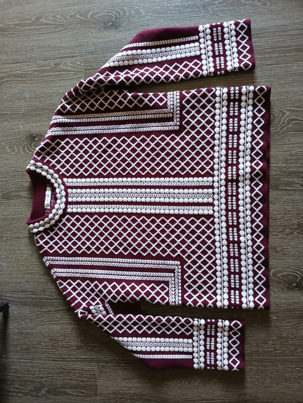 Tory Burch Burgundy Crewneck Sweater with White Geometric Embroidery